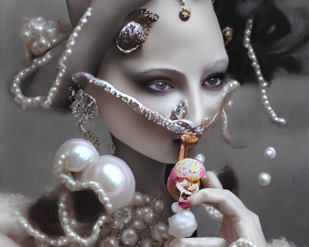 Extravagant portrait of woman with pearls, cupcakes, and dark hair in surreal backdrop