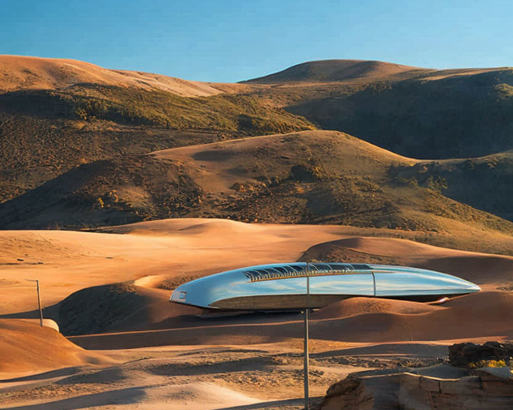 Futuristic silver building in sand dunes under blue sky