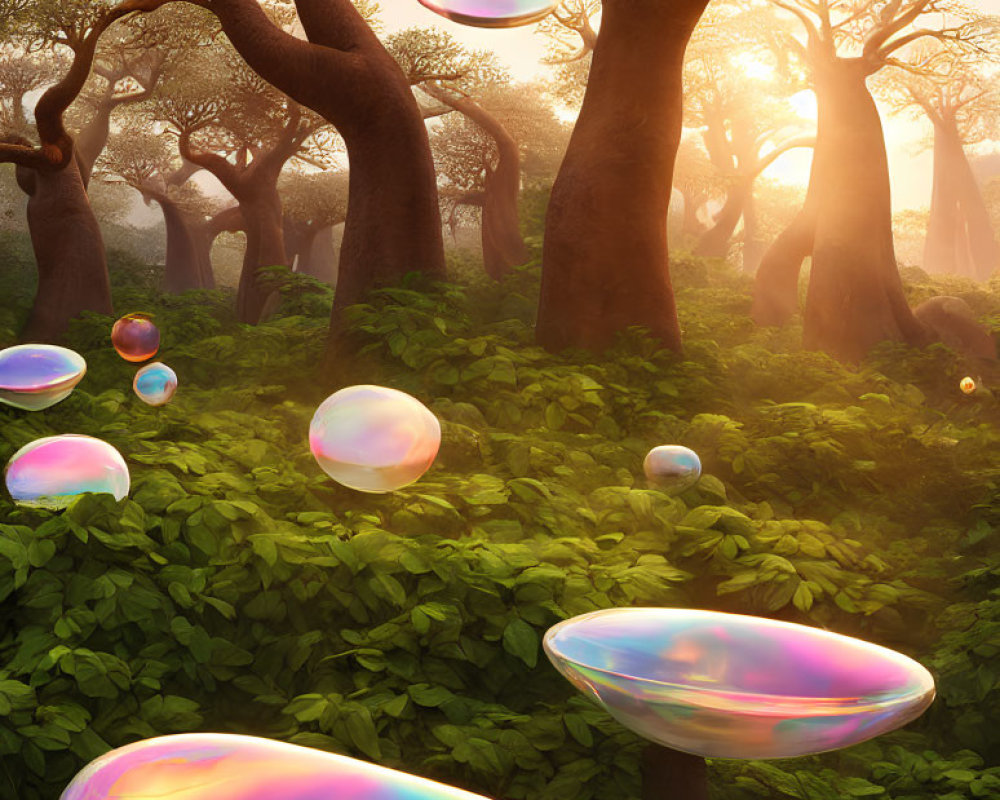 Lush forest with twisted trees and iridescent bubbles in sunlight