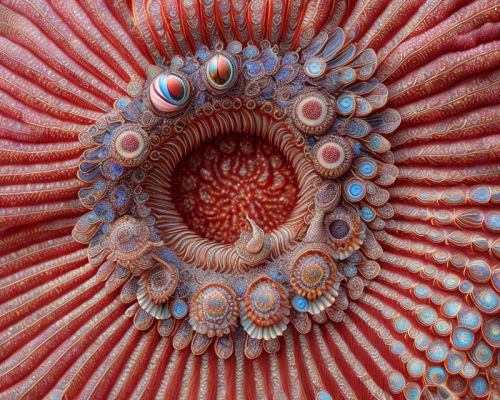 Intricate Fractal Design with Vibrant Patterns in Red, Blue, and Orange