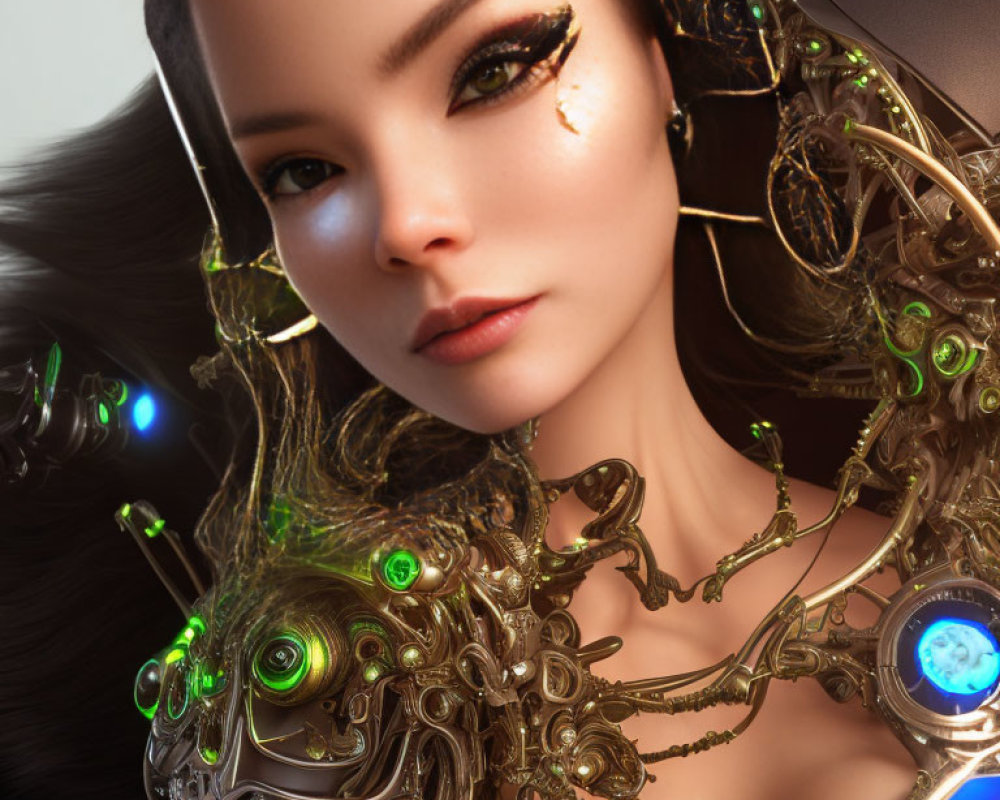 Digital artwork: Asian woman in gold and green cybernetic armor