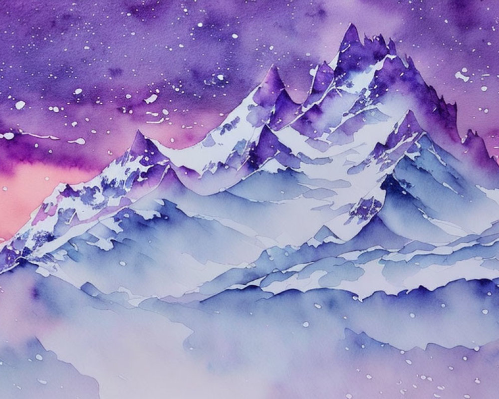 Serene mountain range watercolor painting with purple and pink sky.