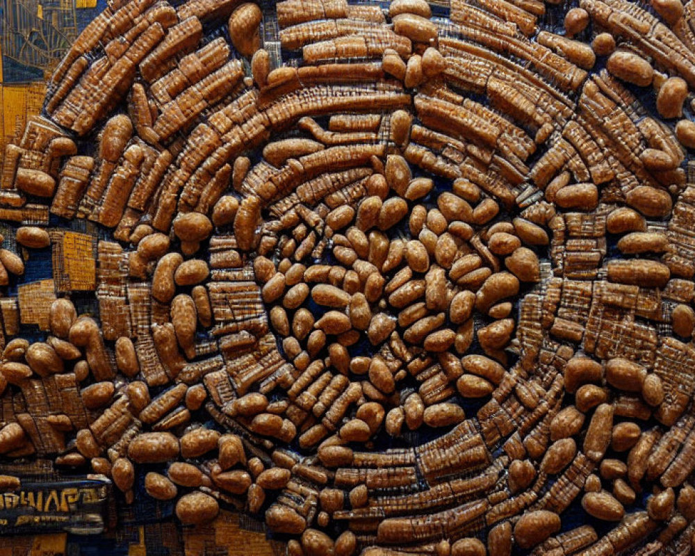 Circular Brown Textured Pods on Blue and Gold Background