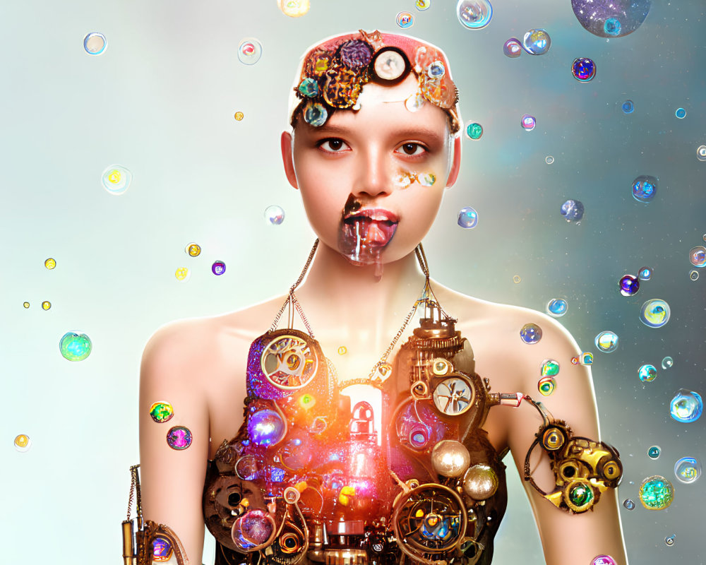 Steampunk-themed digital art with gear elements and floating bubbles