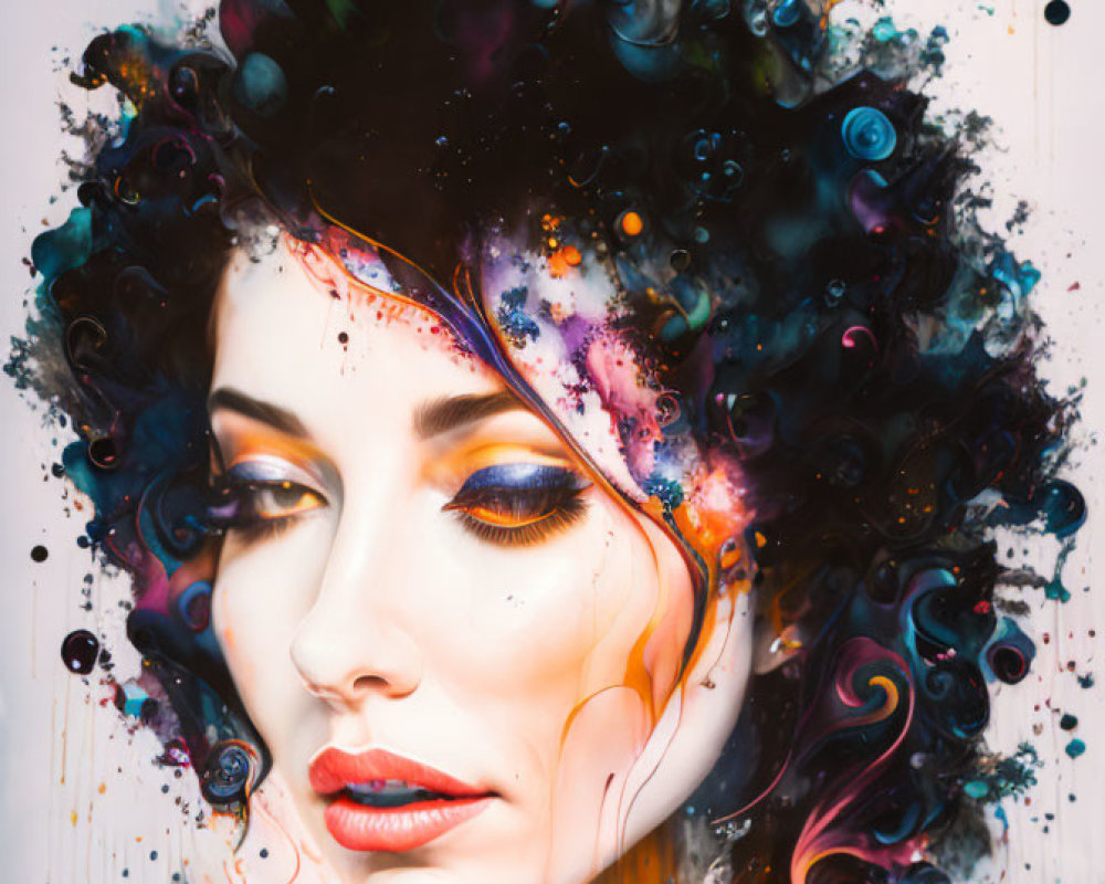 Vibrant surreal portrait of woman with colorful ink blending into hair