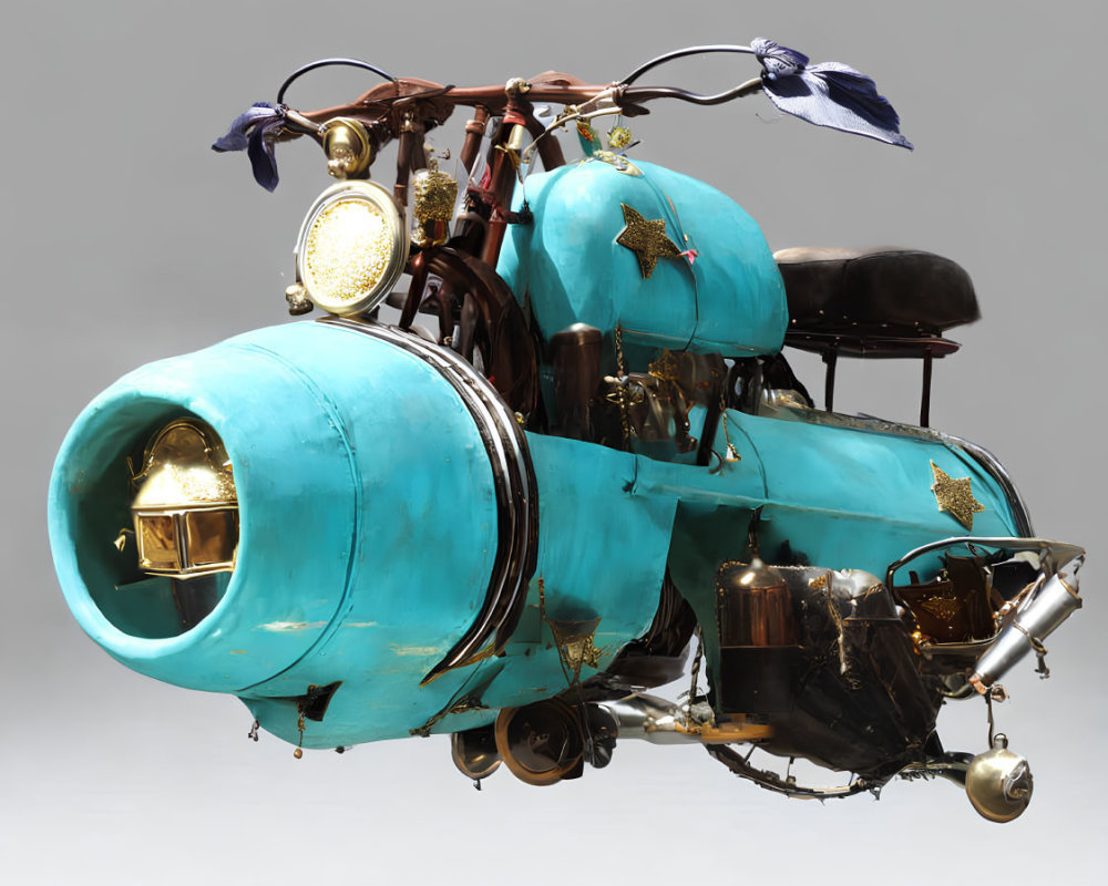 Turquoise Steampunk-Style Motorcycle with Brass Accents