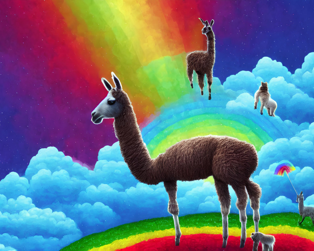 Llamas on clouds with vibrant rainbow hues