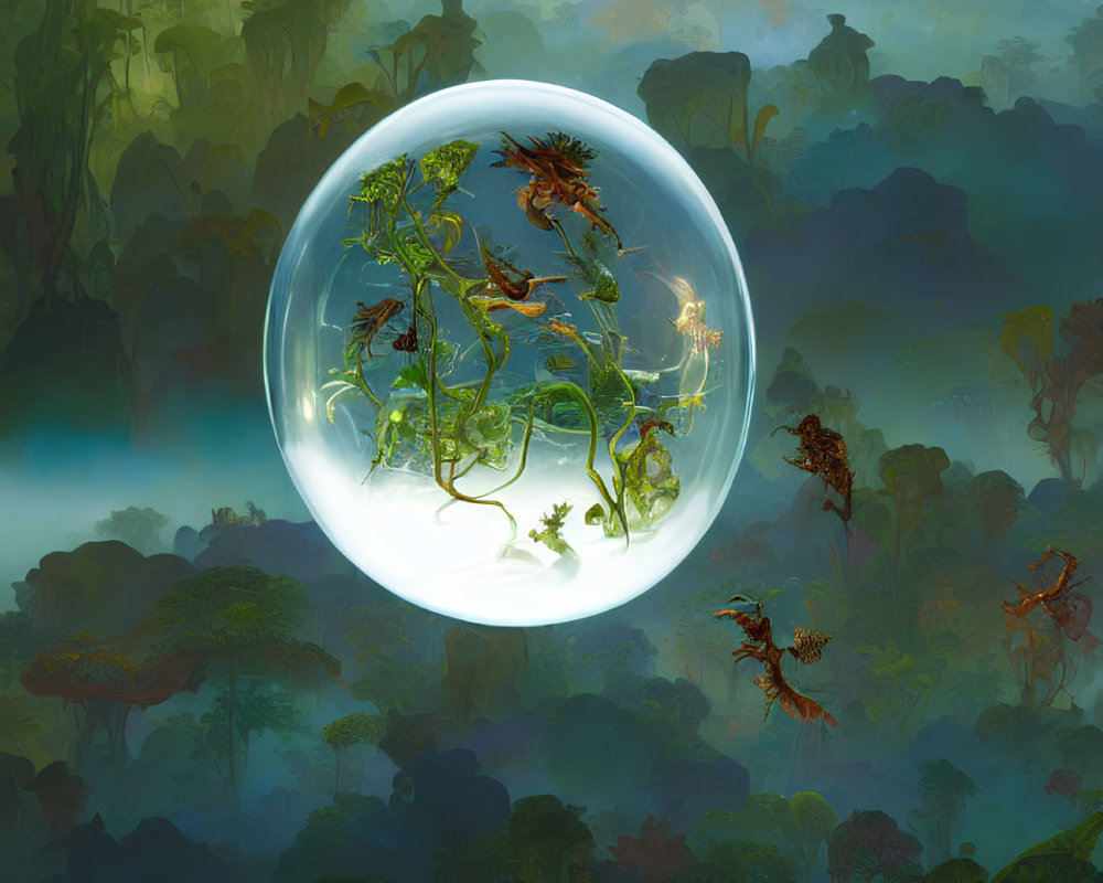 Illustration of glowing orb with vibrant plants above misty forest