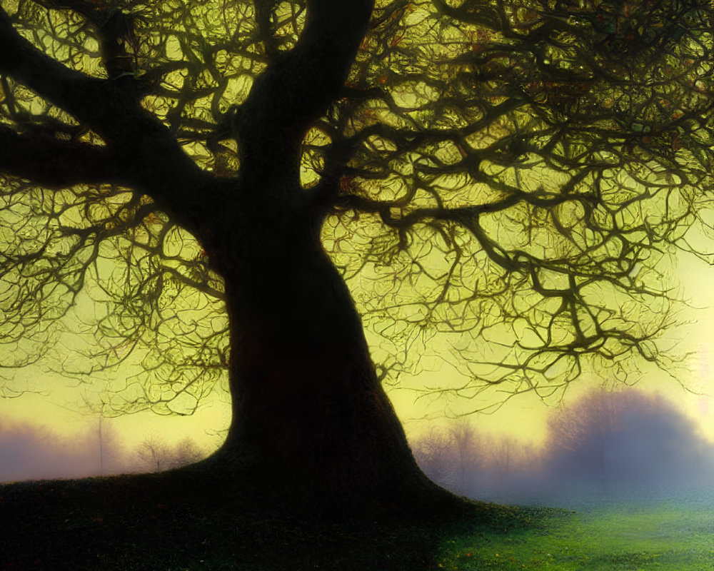 Solitary tree in misty meadow at sunrise or sunset