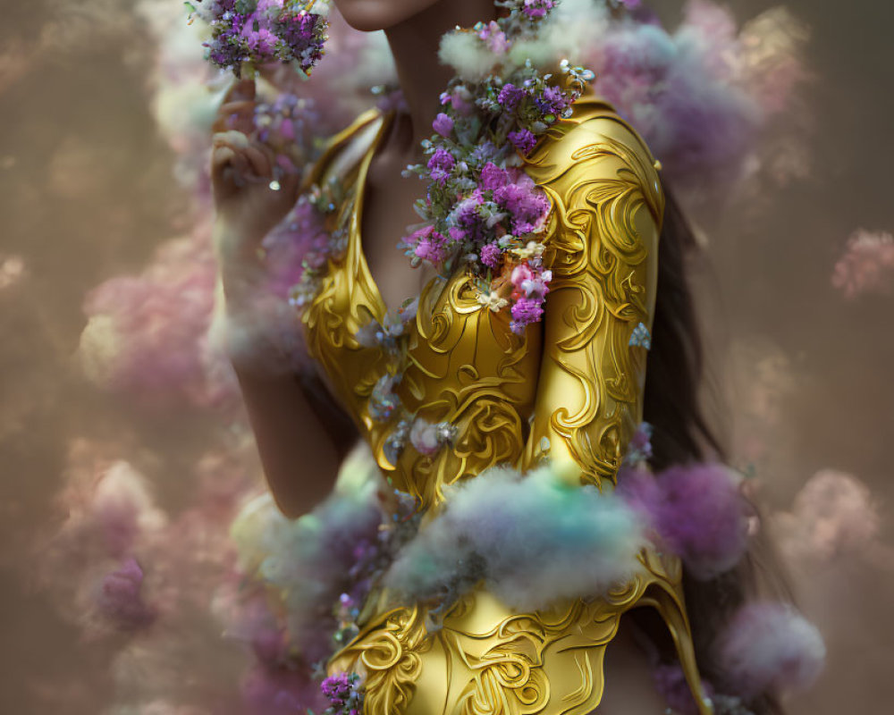 Traditional golden outfit woman surrounded by purple flowers in mystical foggy setting