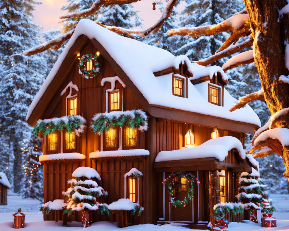 Snow-covered forest cabin decorated with festive wreaths and lights
