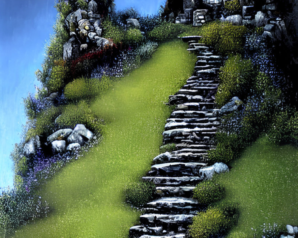 Lush hillside with blooming flowers and stone steps