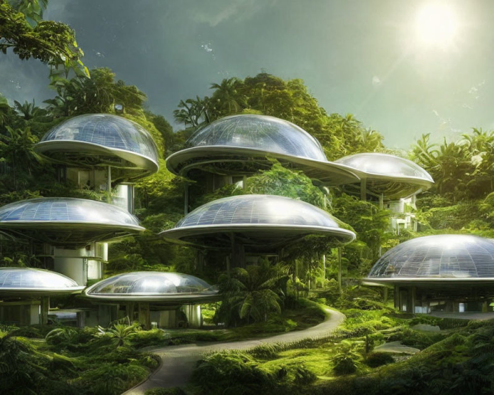 Futuristic domed buildings in lush jungle with sunlight filtering.