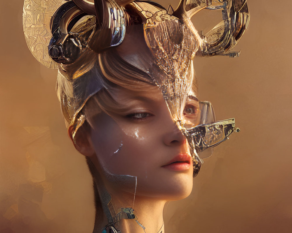 Digital art portrait of woman with cybernetic enhancements and metallic horns on warm-toned backdrop