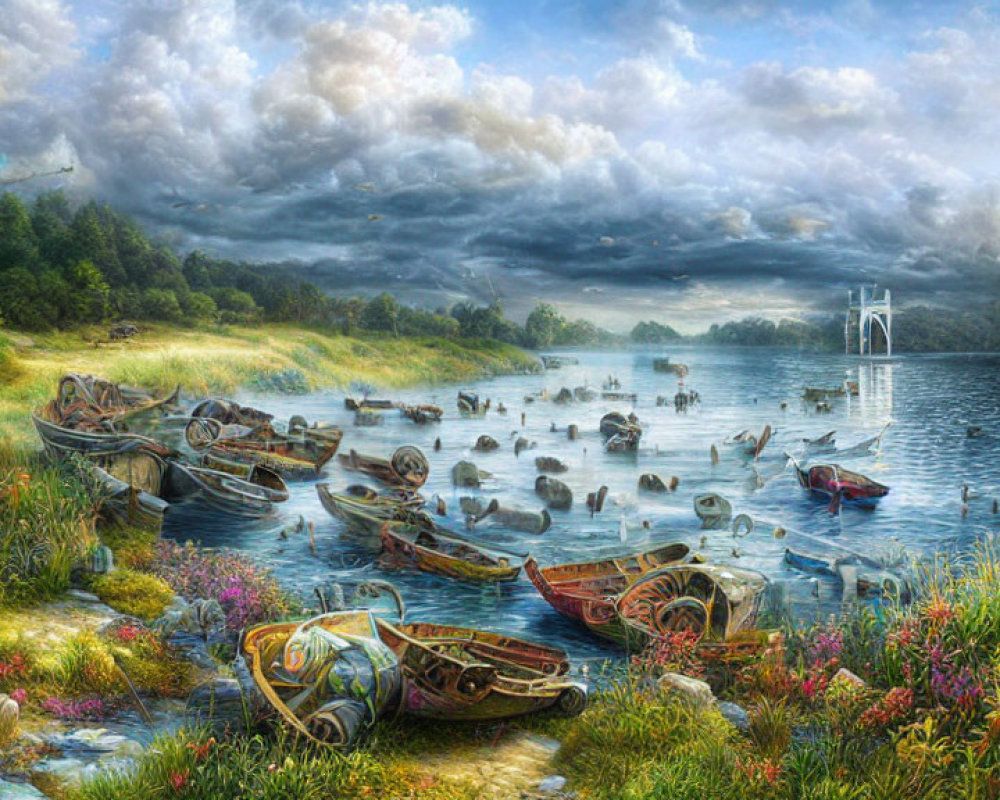 Tranquil river landscape with overgrown field, wooden boats, modern bridge, and mist under cloudy