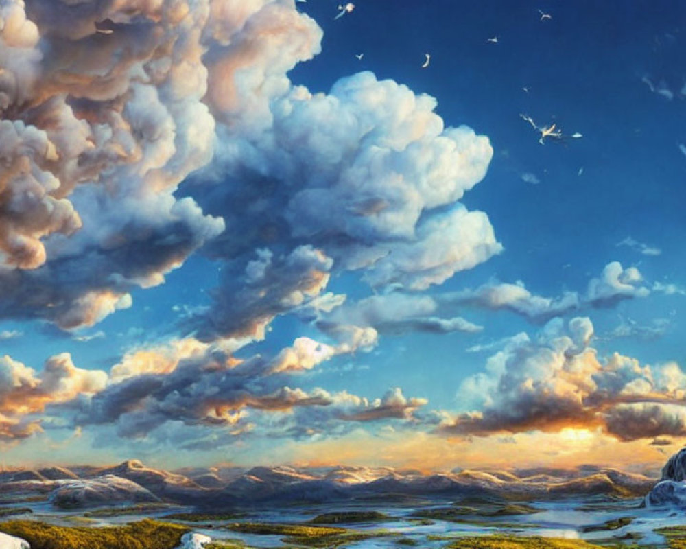 Voluminous Clouds and Birds in Expansive Landscape with Sunlight