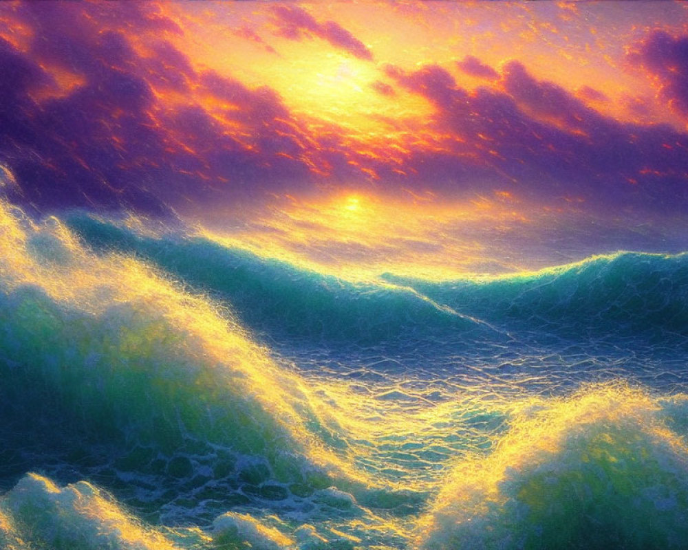 Vivid Purple and Orange Sunset Sky Over Turbulent Sea Waves