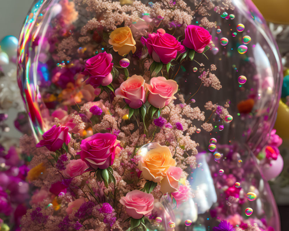 Colorful Pink and Orange Roses in Transparent Bubble with Soap Bubbles and Balloons