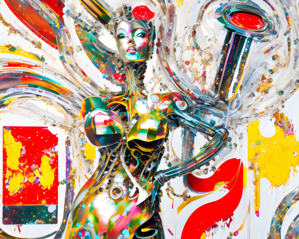 Vibrant Abstract Art: Metallic Figure in Colorful Swirls