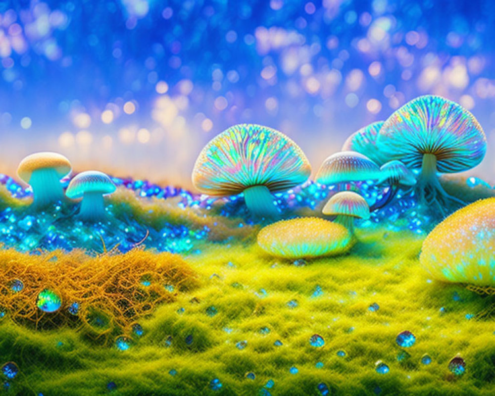 Vibrant multicolored mushrooms on green surface with dewdrops, soft-focus blue background