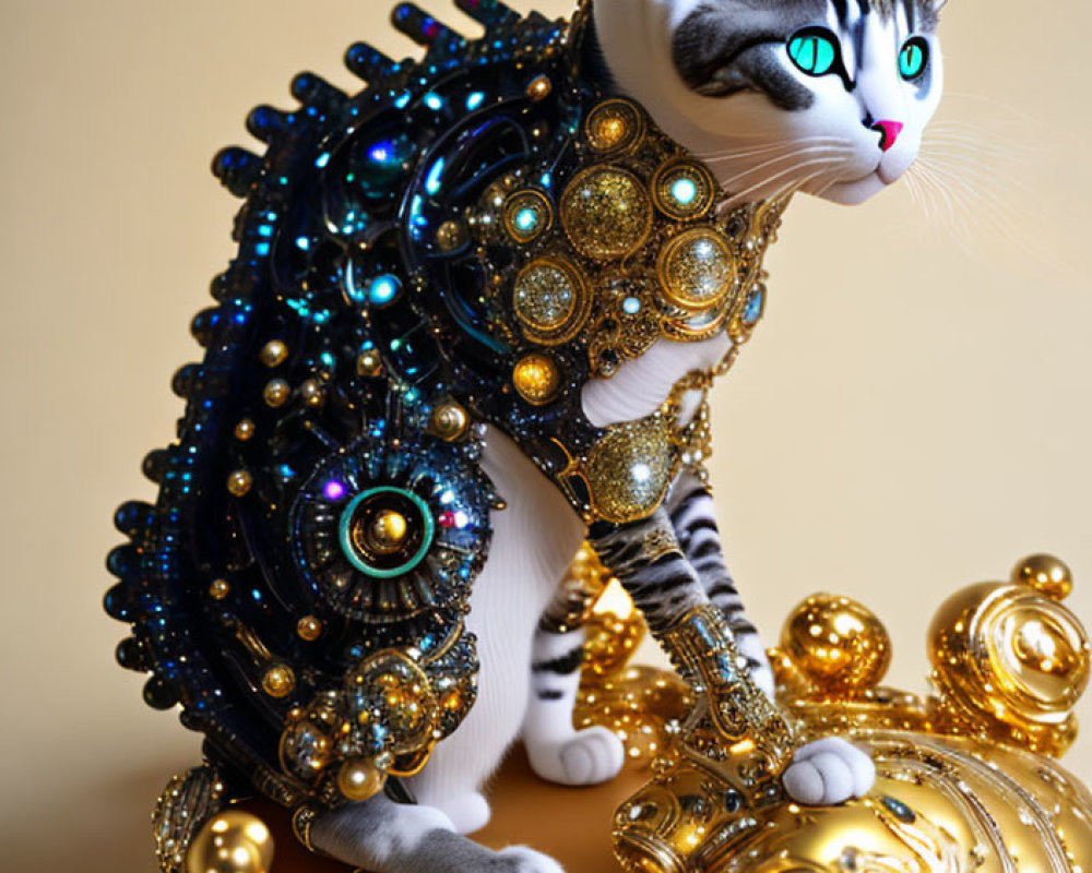 Digitally-enhanced cat with blue eyes in jeweled harness on warm background