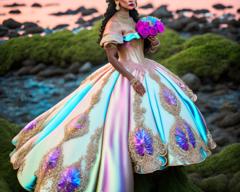 Elaborate fantasy dress woman on rocky beach at sunset