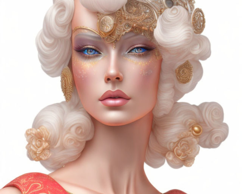 Illustrated female figure with baroque white hair, blue eyeshadow, gold jewelry, red and