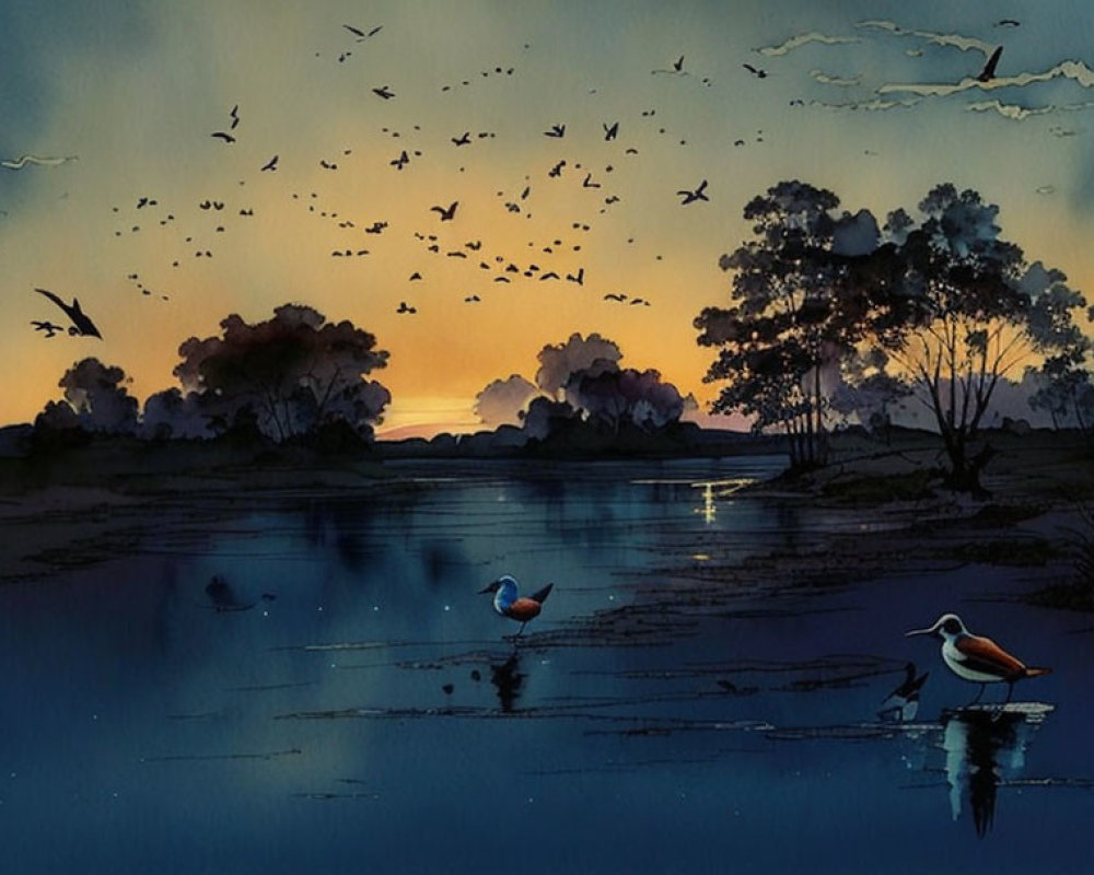 Tranquil watercolor landscape: Birds, wading birds, silhouetted trees at dusk