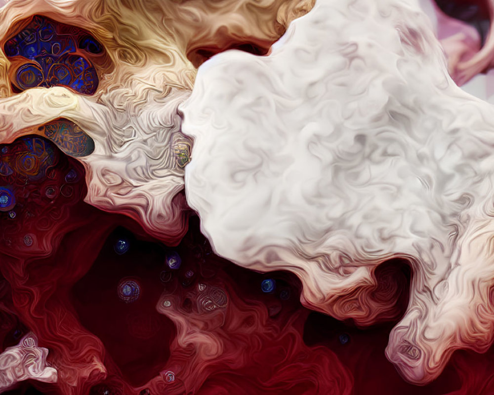 Abstract digital artwork with intricate coral-like patterns in white, red, and earthy tones