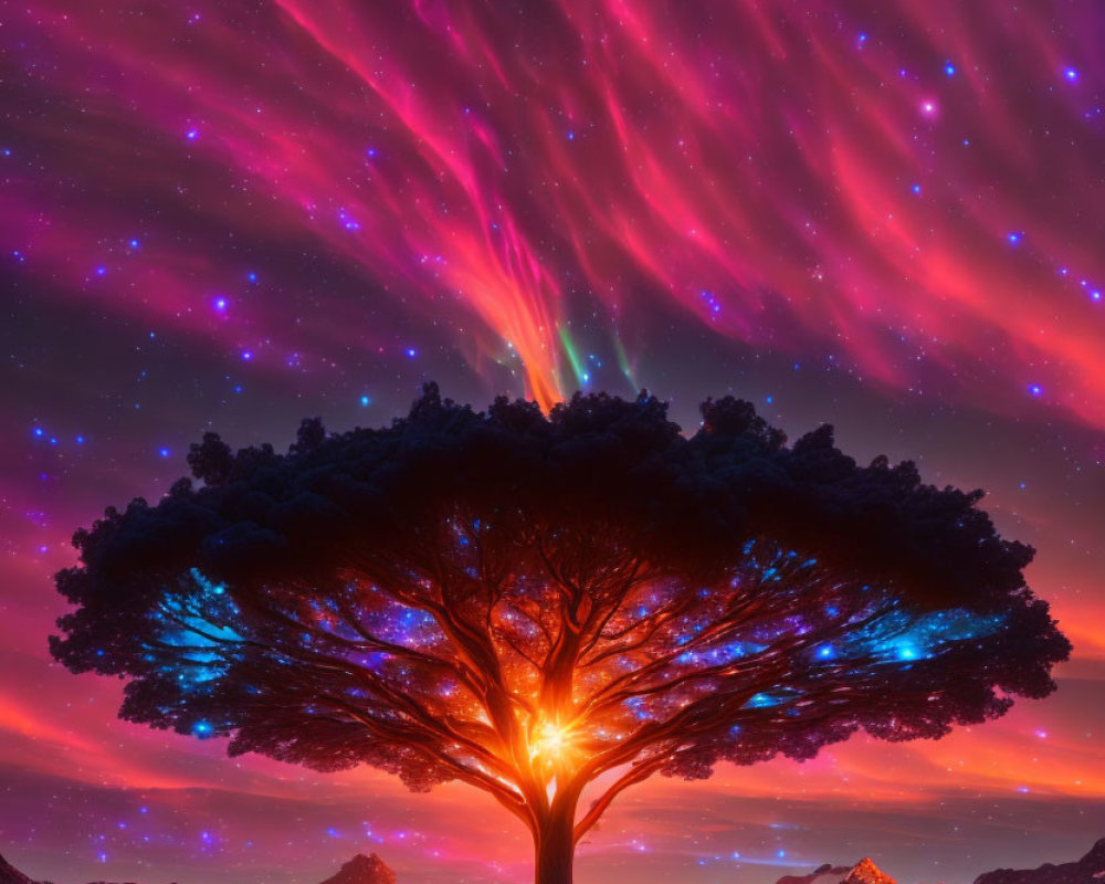 Vibrant digital artwork: Glowing lone tree in aurora night sky