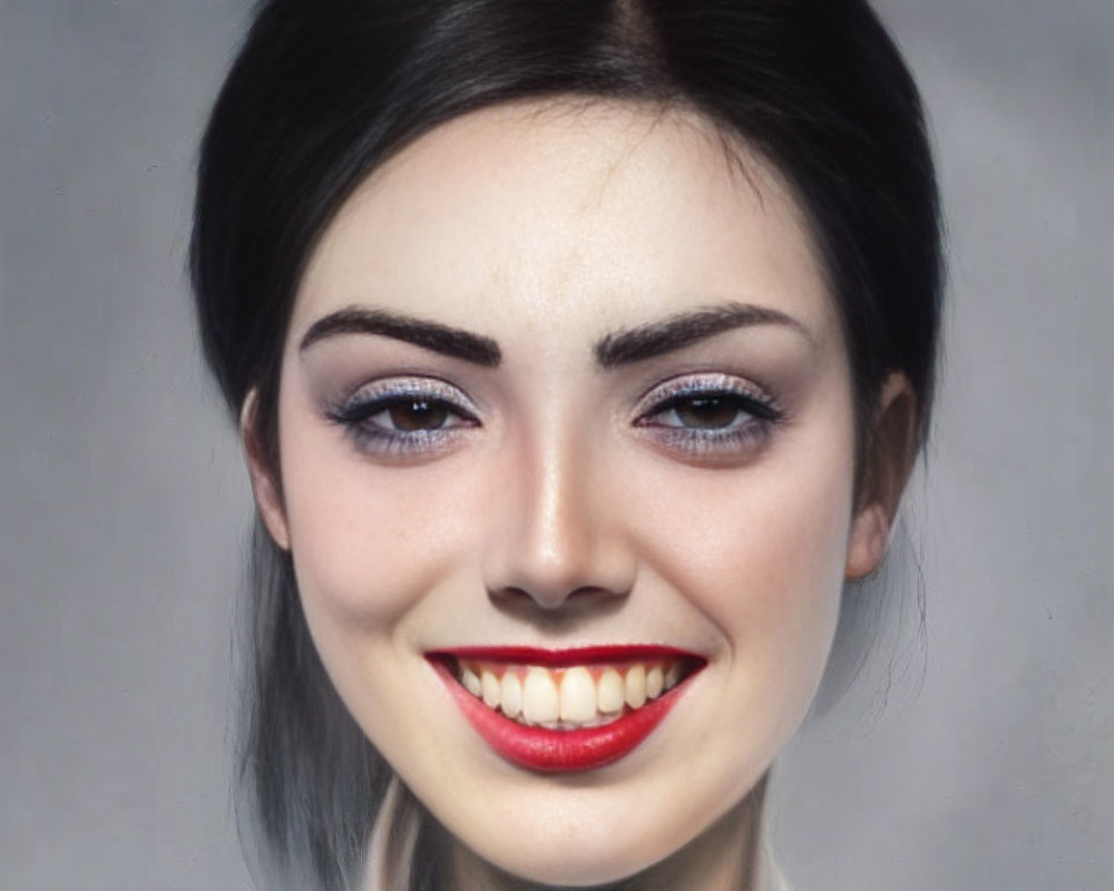 Smiling woman portrait with dark hair, blue eyeshadow, and red lips