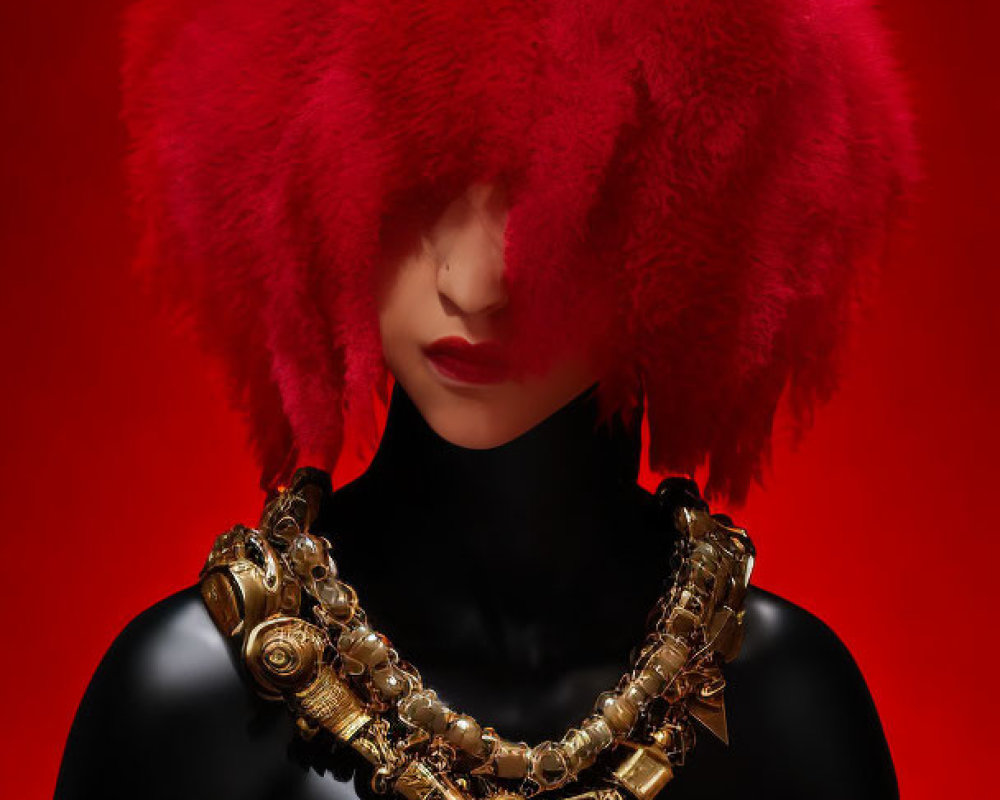 Vibrant red-haired person with covered eyes, bold gold necklace, on red background