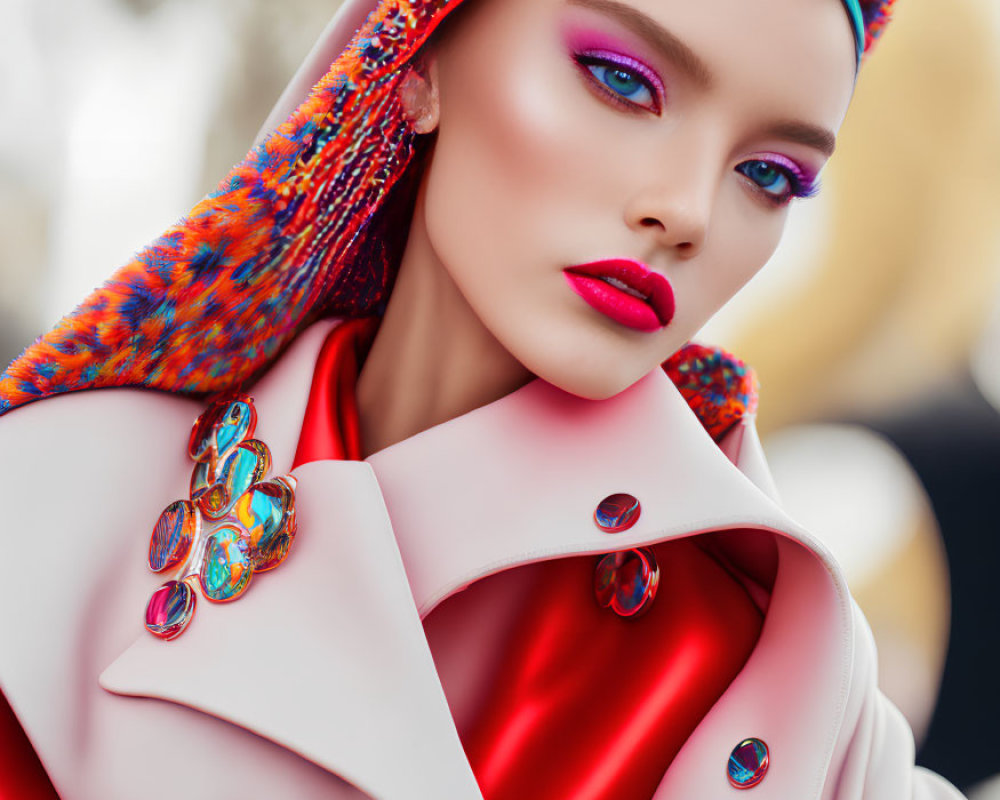 Woman with Striking Makeup in Vibrant Hat and Colorful Coat