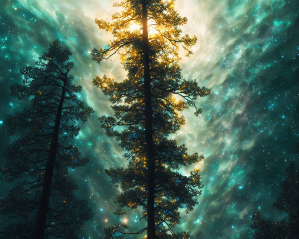 Silhouetted tall trees under stunning night sky with cosmic clouds and stars.