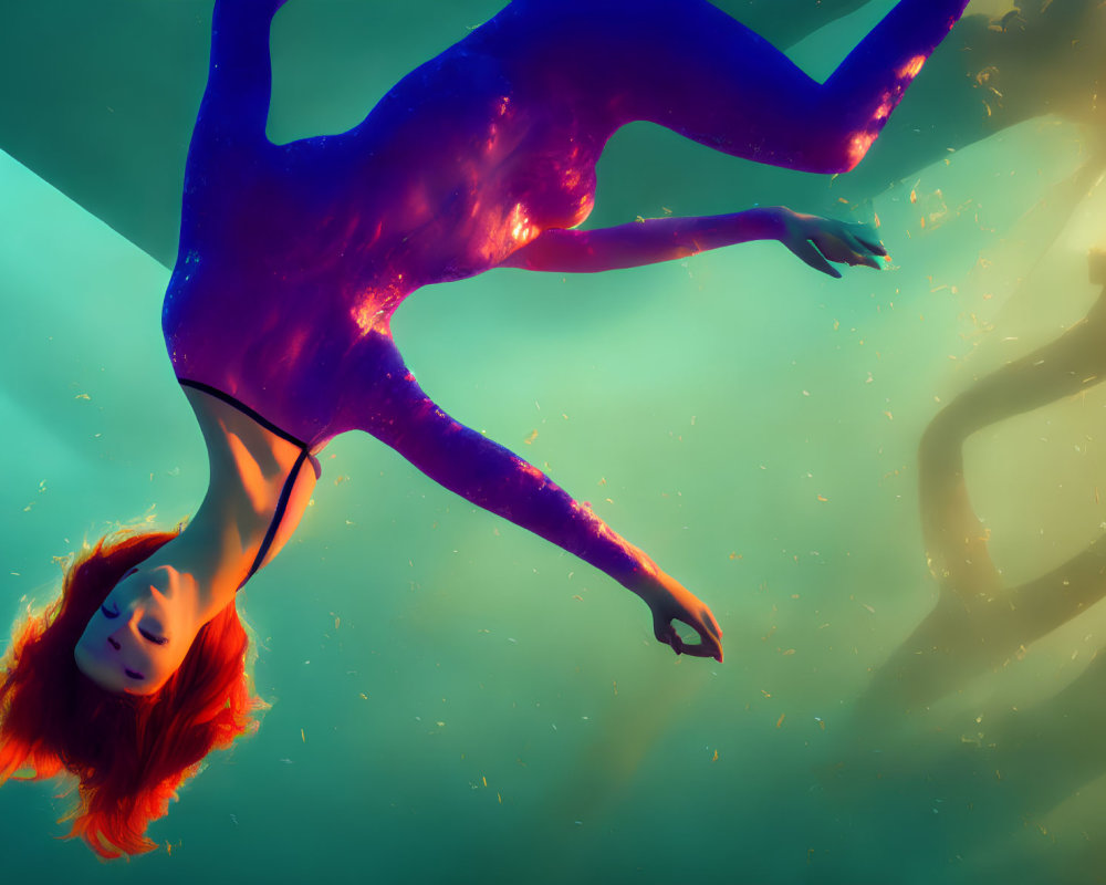 Red-haired person underwater in turquoise and orange light