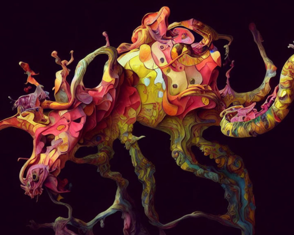 Colorful surreal dragon-like creature illustration with whimsical features