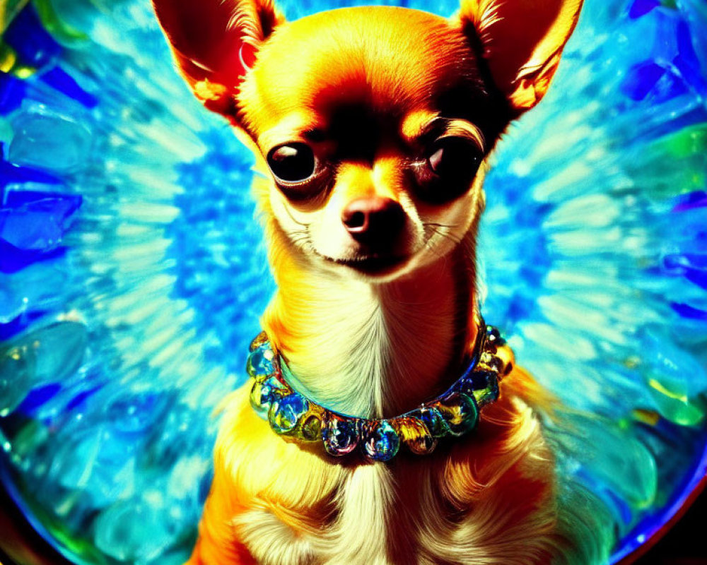Chihuahua in Bejeweled Collar Poses in Blue Glass Bowl