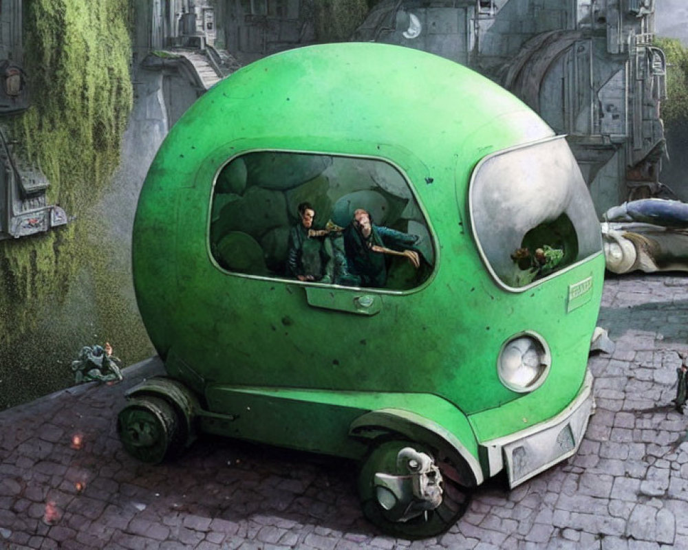 Green retro-futuristic vehicle in classic city setting.