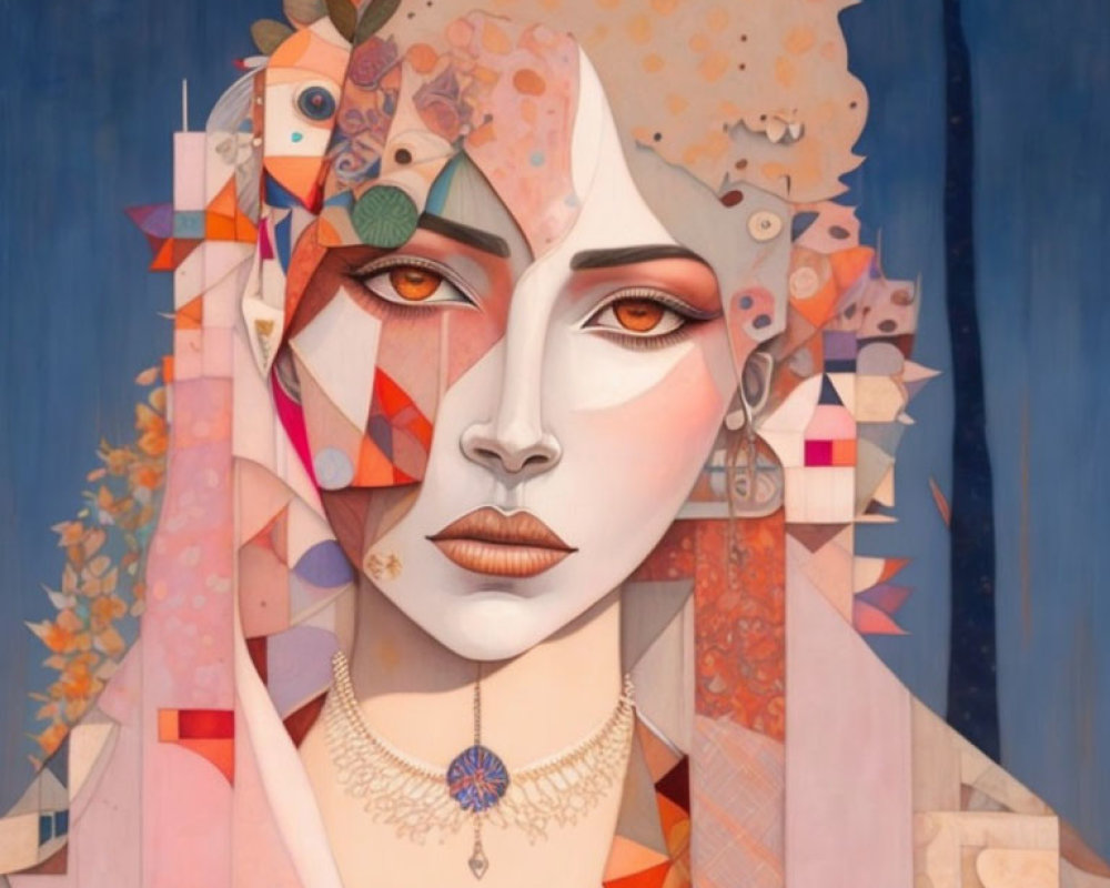 Geometric and floral patterns in warm tones on a stylized portrait.