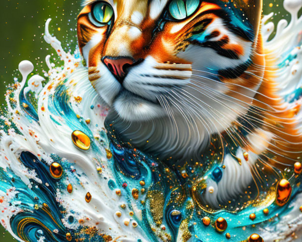 Colorful Cat Digital Painting with Intricate Patterns and Liquid Elements