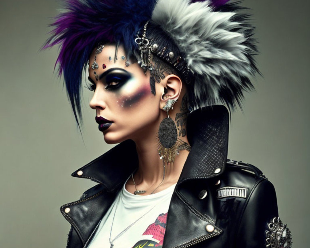 Colorful Punk Hairstyle, Dramatic Makeup, Piercings, Leather Jacket: Rebellious