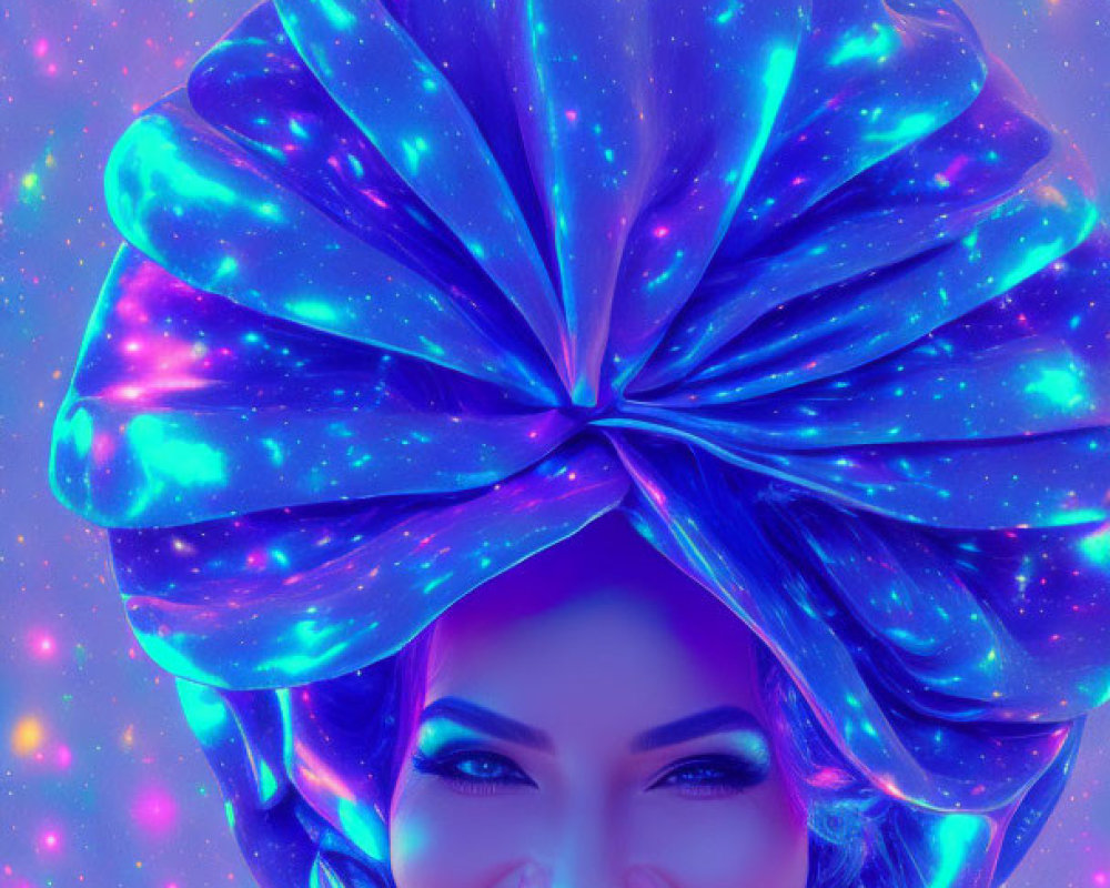 Colorful cosmic-themed portrait with smiling person and sparkling stars