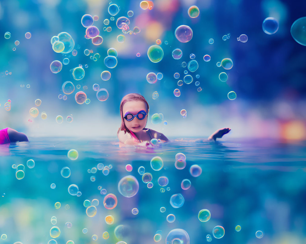 Child Swimming in Sparkling Water with Iridescent Bubbles