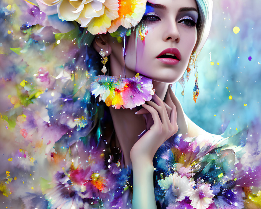 Vibrant digital art portrait of a woman with floral hair and sparkling jewelry