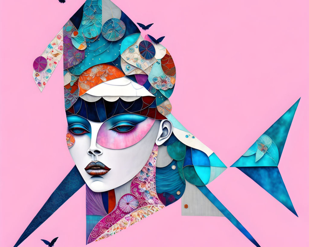 Vibrant digital art: stylized female face with fish body, geometric and floral patterns, birds