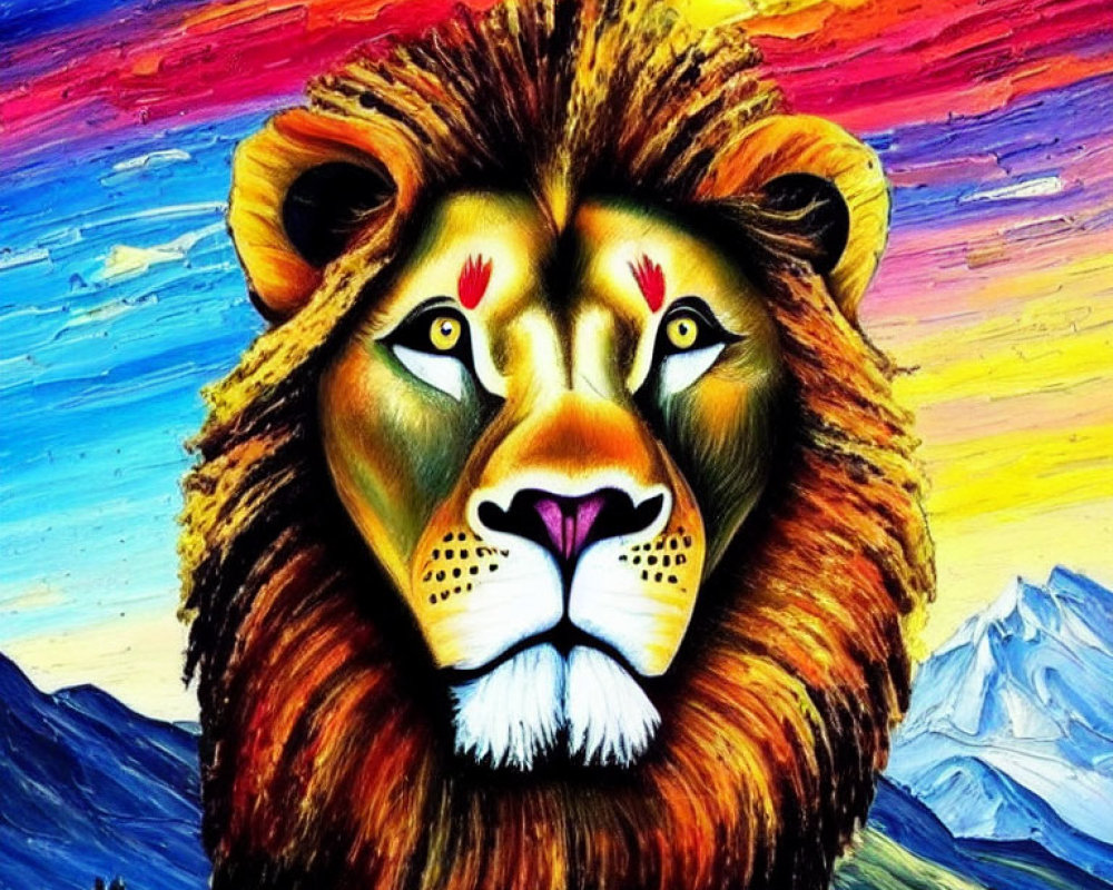 Colorful Lion Head Painting with Textured Sky and Mountain Landscape