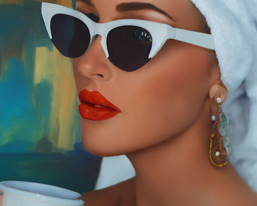 Woman with Towel Head, White Sunglasses, Red Lipstick, Holding Cup, Abstract Painting Background