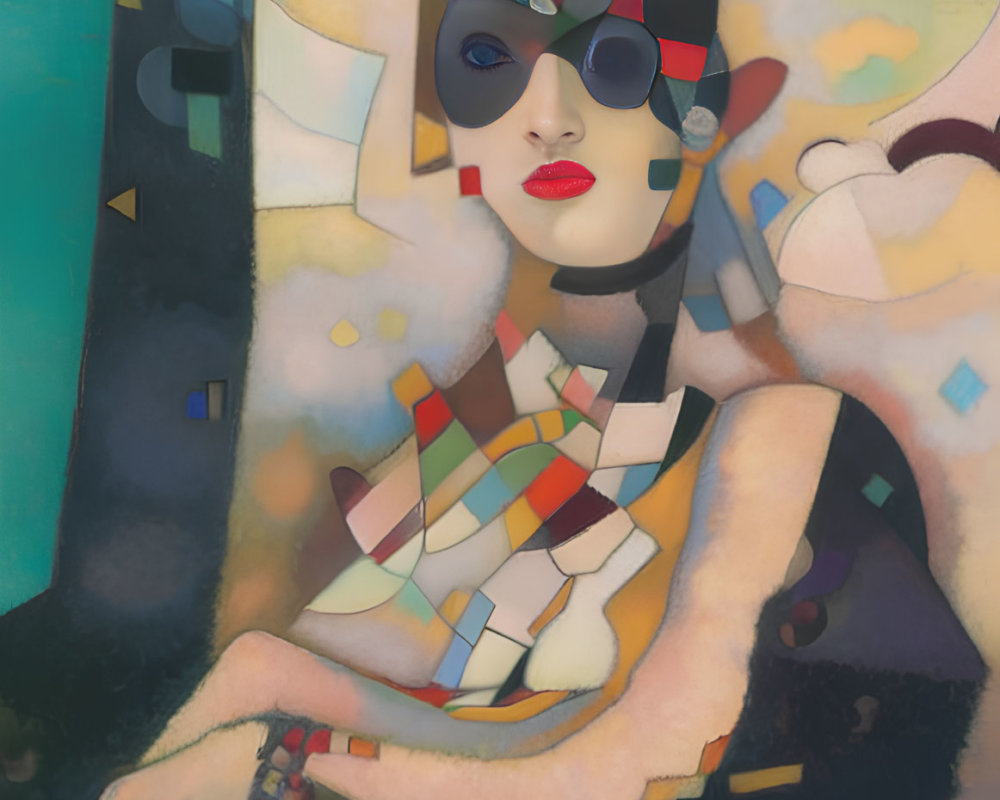 Abstract cubist portrait of female figure in sunglasses and colorful outfit