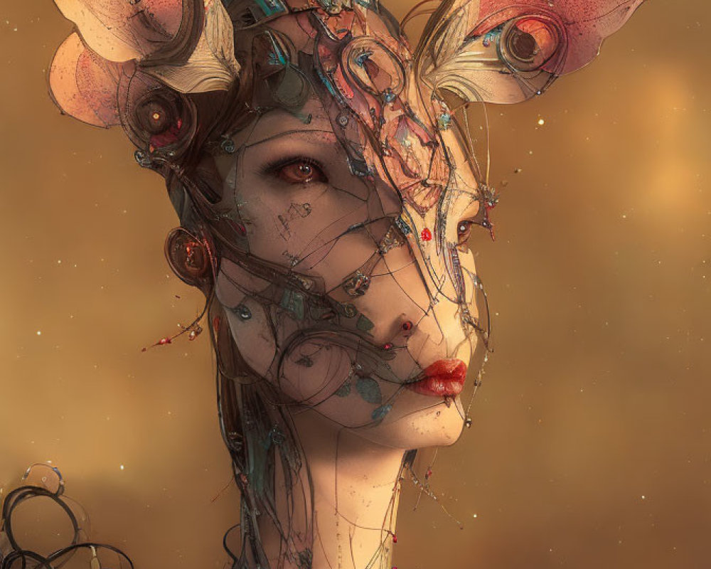 Fantastical artwork: Creature with antlers, mechanical details, delicate wiring, humanoid features, warm