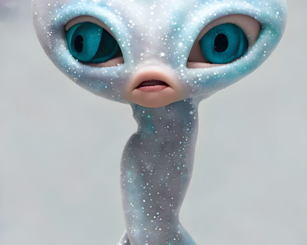 Alien illustration with large blue eyes and light blue skin